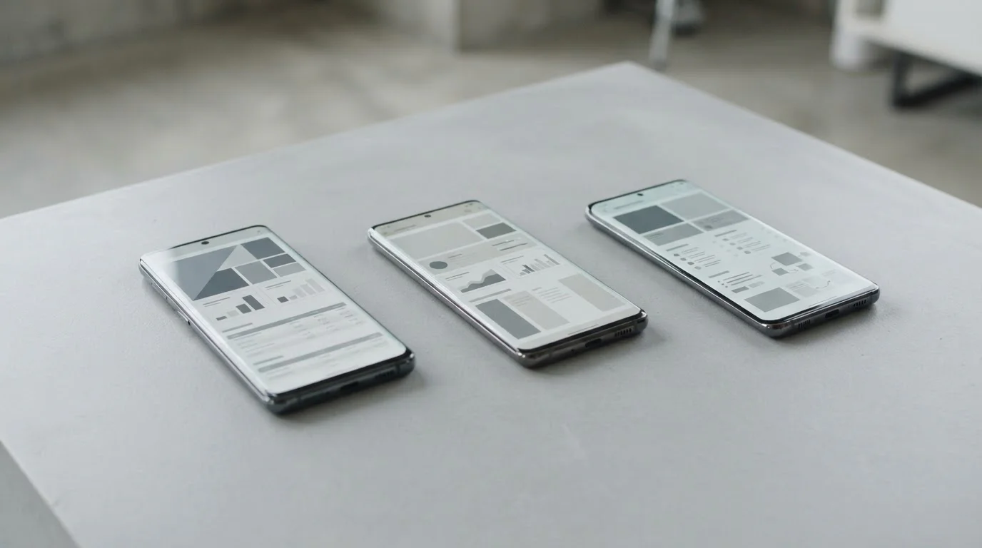 Mehrere Smartphones zeigen verschiedene App-Oberflächen im direkten Vergleich