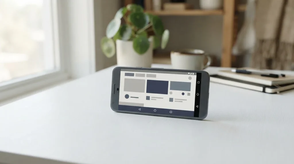 Android-Smartphone mit Sportwetten-App auf minimalistischem Schreibtisch