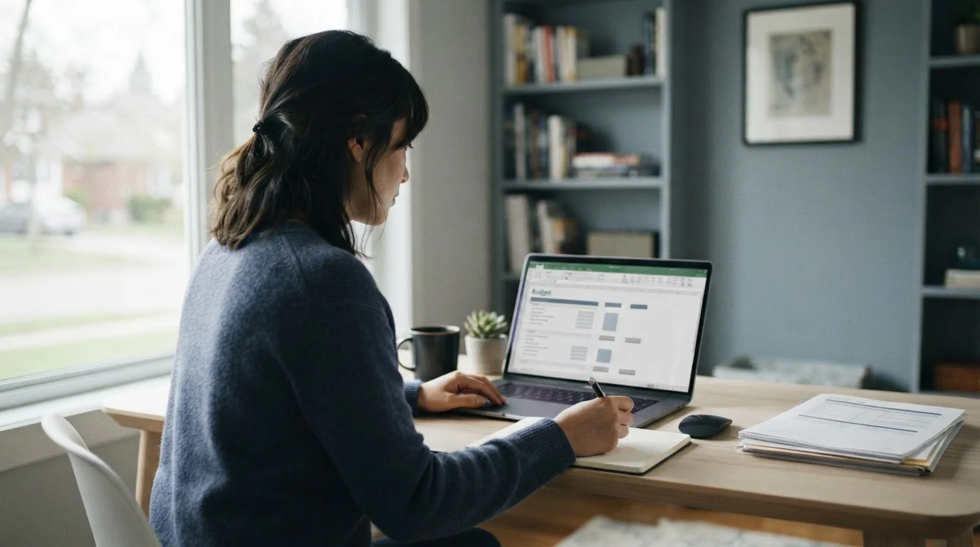 Person arbeitet konzentriert am Laptop mit Budget-Planungstabelle