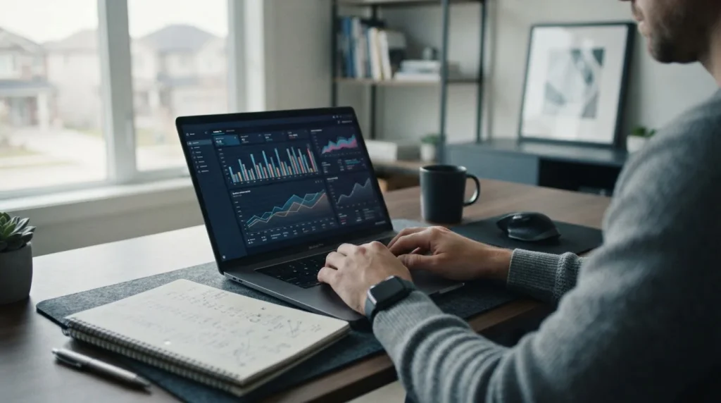Arbeitsplatz mit Laptop und Dokumenten zur Buchmacher-Analyse