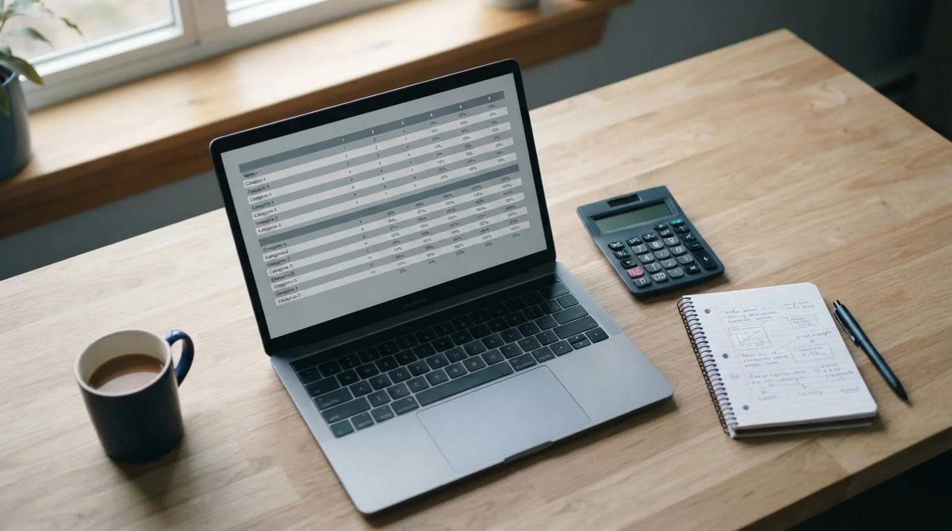 Laptop mit Sportwetten-Vergleichstabelle und Taschenrechner auf Schreibtisch