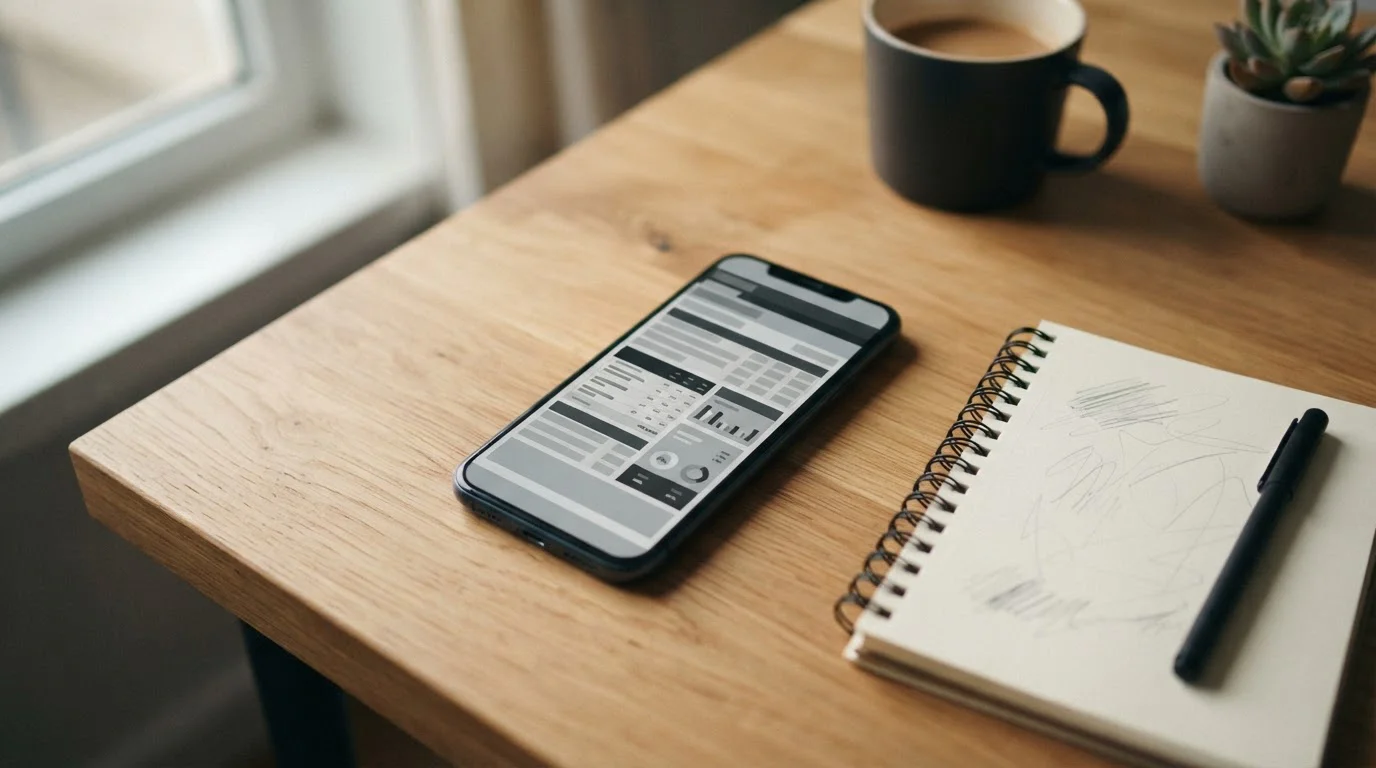 Smartphone mit neutraler Wett-App-Oberfläche auf einem Schreibtisch neben Notizblock