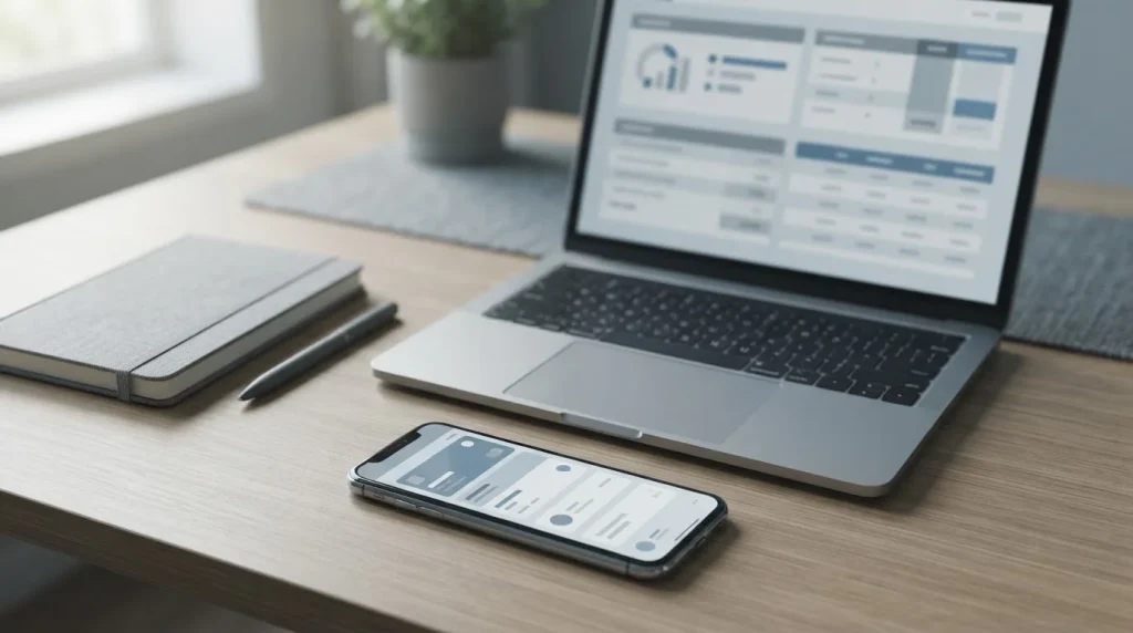 Smartphone mit PayPal-Zahlungsbildschirm und Laptop auf ruhigem Schreibtisch