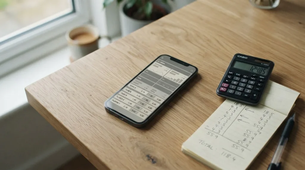 Smartphone mit einer neutralen Sportwetten-App auf einem aufgeräumten Schreibtisch mit Taschenrechner und Notizen zur Analyse