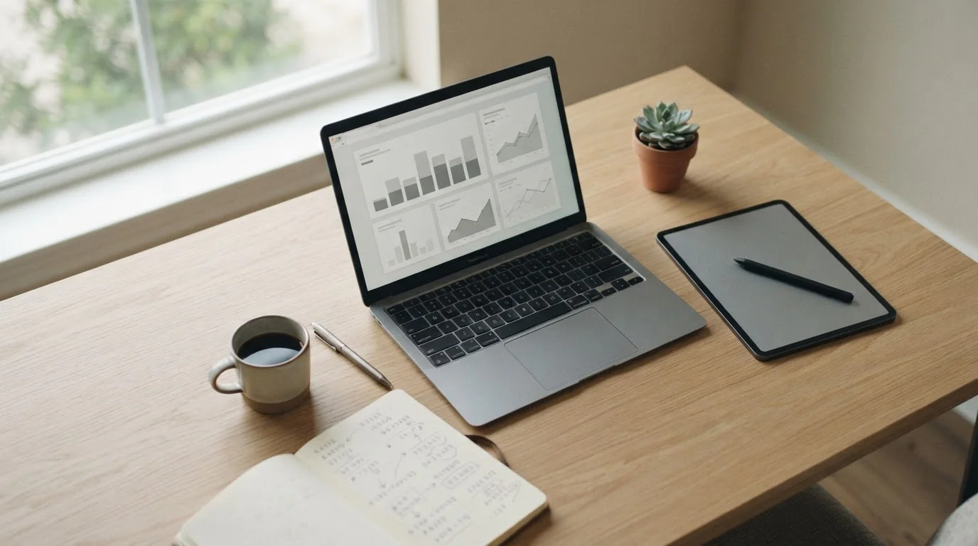Analytischer Arbeitsplatz mit Laptop und Dokumenten zur Bewertung von Wettanbietern außerhalb des deutschen Lizenzrahmens