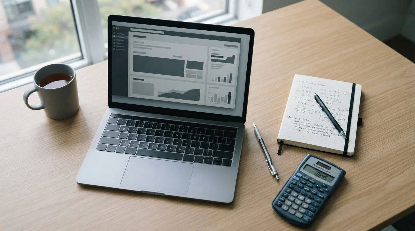 Arbeitsplatz mit Laptop und Taschenrechner für die Analyse steuerfreier Wettanbieter
