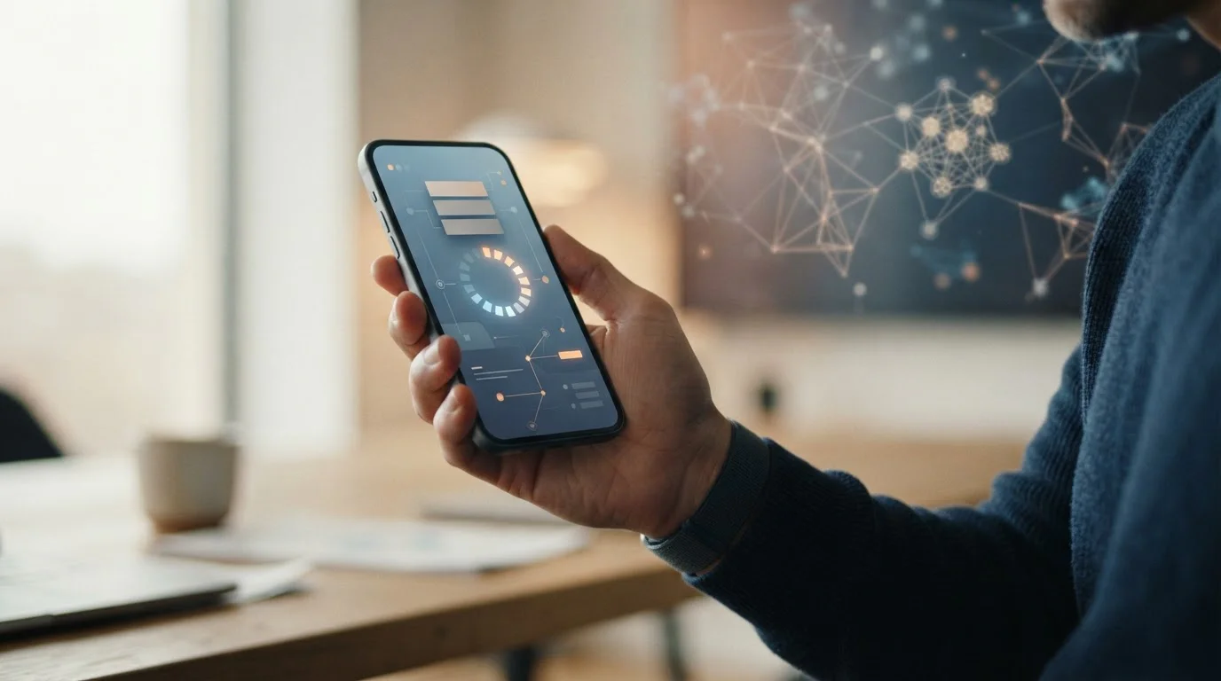 Smartphone zeigt Bitcoin-Transaktion mit abstraktem Blockchain-Konzept