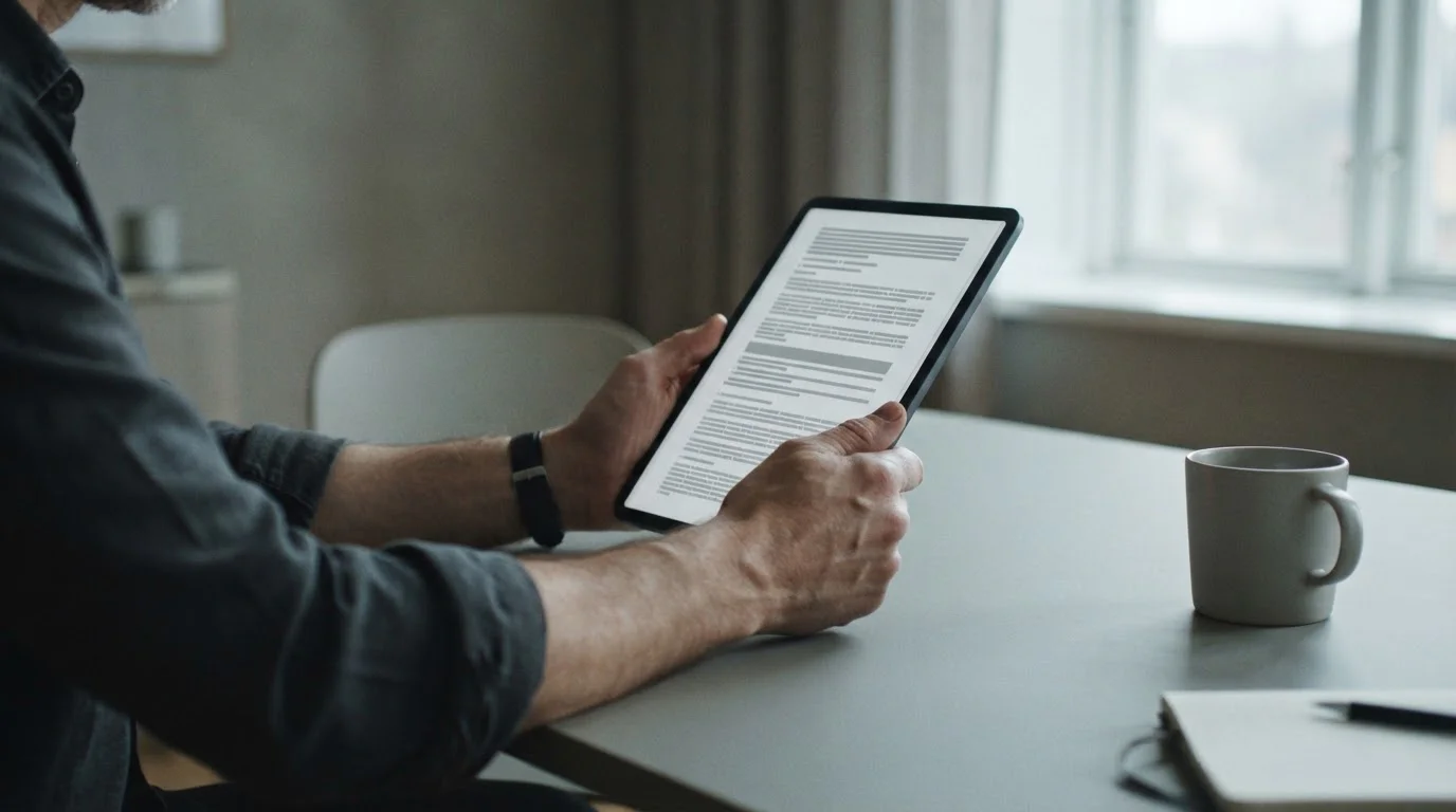 Person liest aufmerksam rechtliche Bedingungen auf Tablet