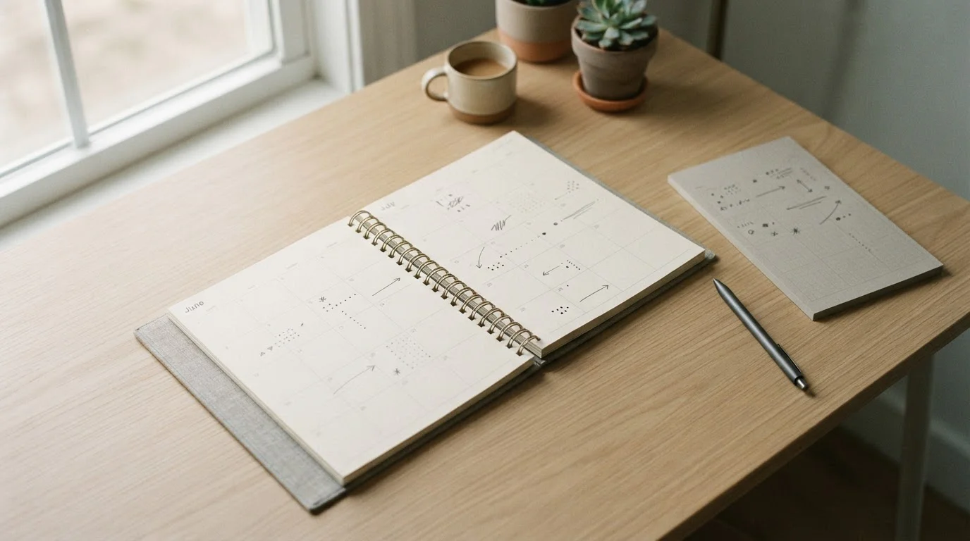 Kalender und Notizen symbolisieren Budgetplanung über längeren Zeitraum