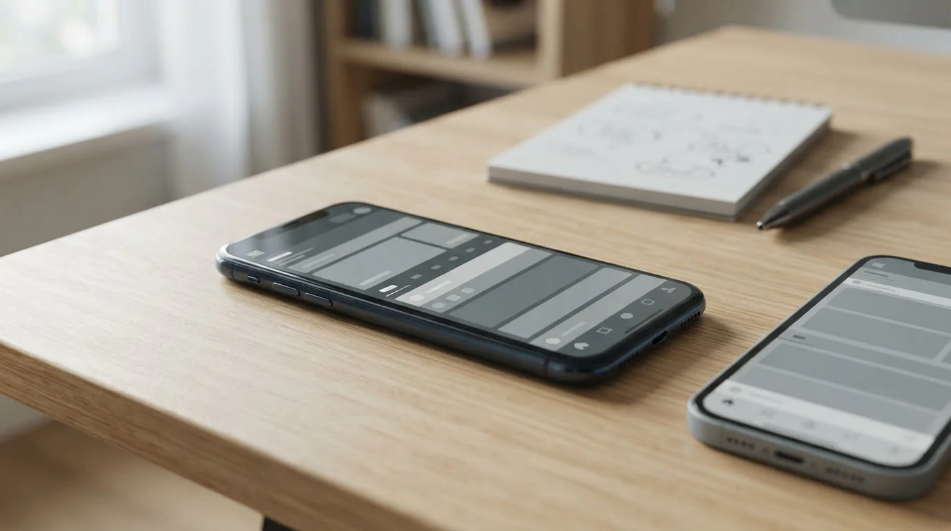 Smartphone mit neutraler Wett-App-Oberfläche auf einem aufgeräumten Schreibtisch