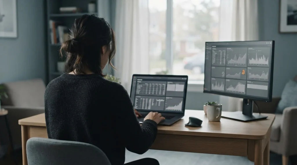 Person analysiert Bitcoin-Wettanbieter am Laptop in neutralem Arbeitsumfeld