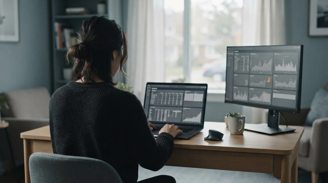 Person analysiert Bitcoin-Wettanbieter am Laptop in neutralem Arbeitsumfeld