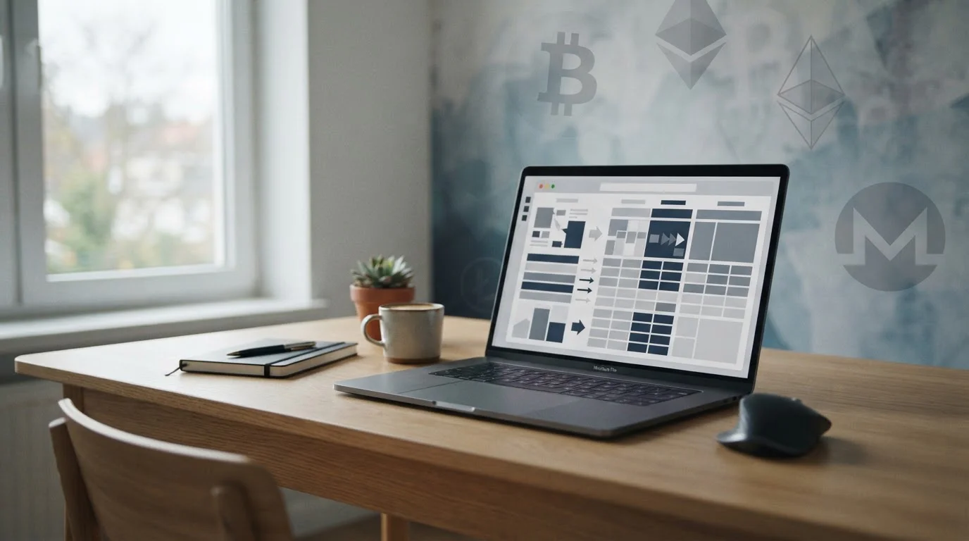Laptop mit abstraktem Wettvergleich und Kryptowährungssymbolen auf dem Bildschirm
