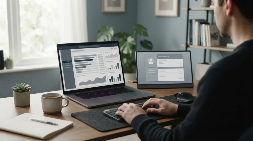 Arbeitsplatz mit Laptop und neutraler Anbieterübersicht auf dem Bildschirm