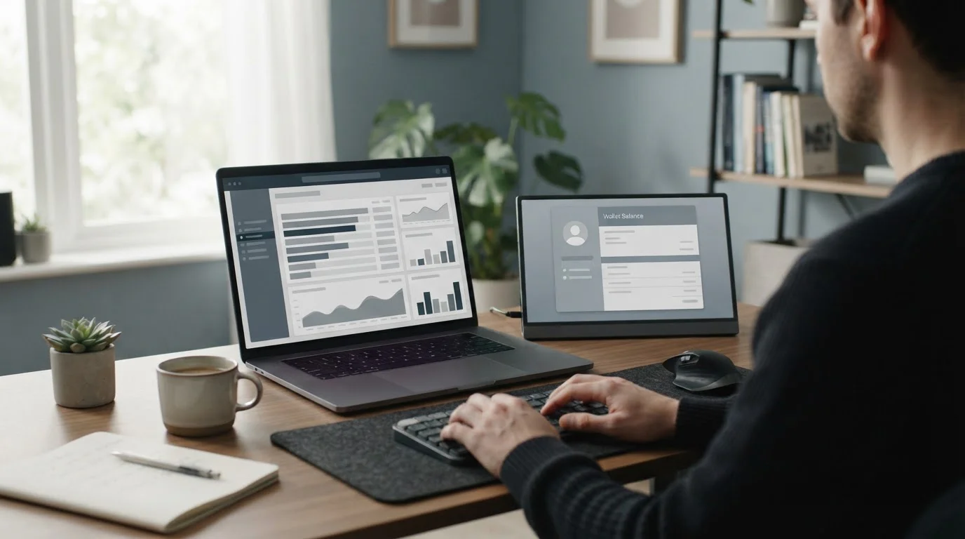 Arbeitsplatz mit Laptop und neutraler Anbieterübersicht auf dem Bildschirm
