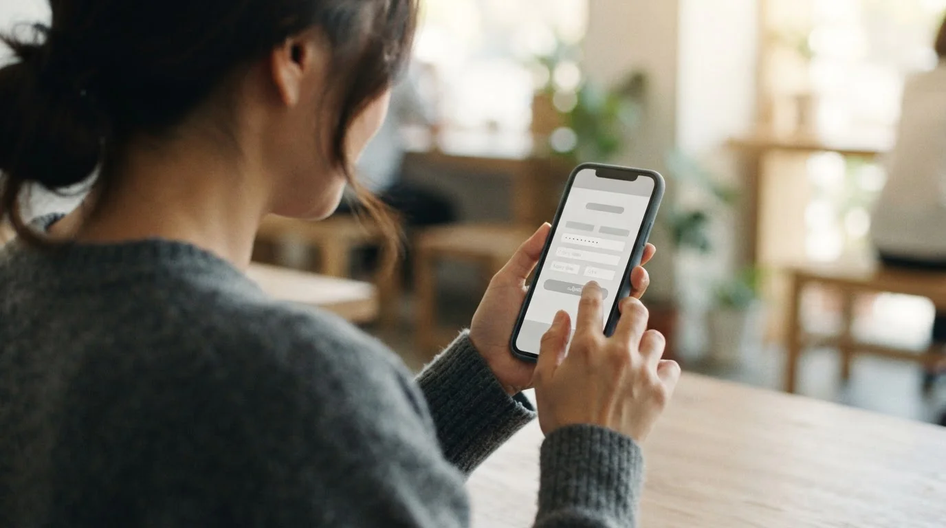 Hände tippen Zahlungsinformationen auf Smartphone mit abstraktem Formular