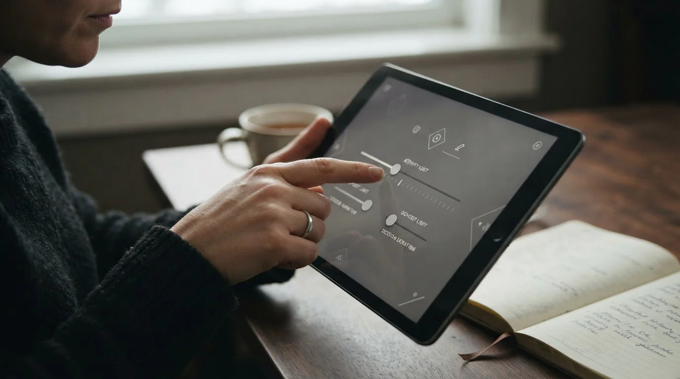 Hand stellt Limit-Regler auf einem neutralen Interface ein — Symbol für kontrolliertes Spielen