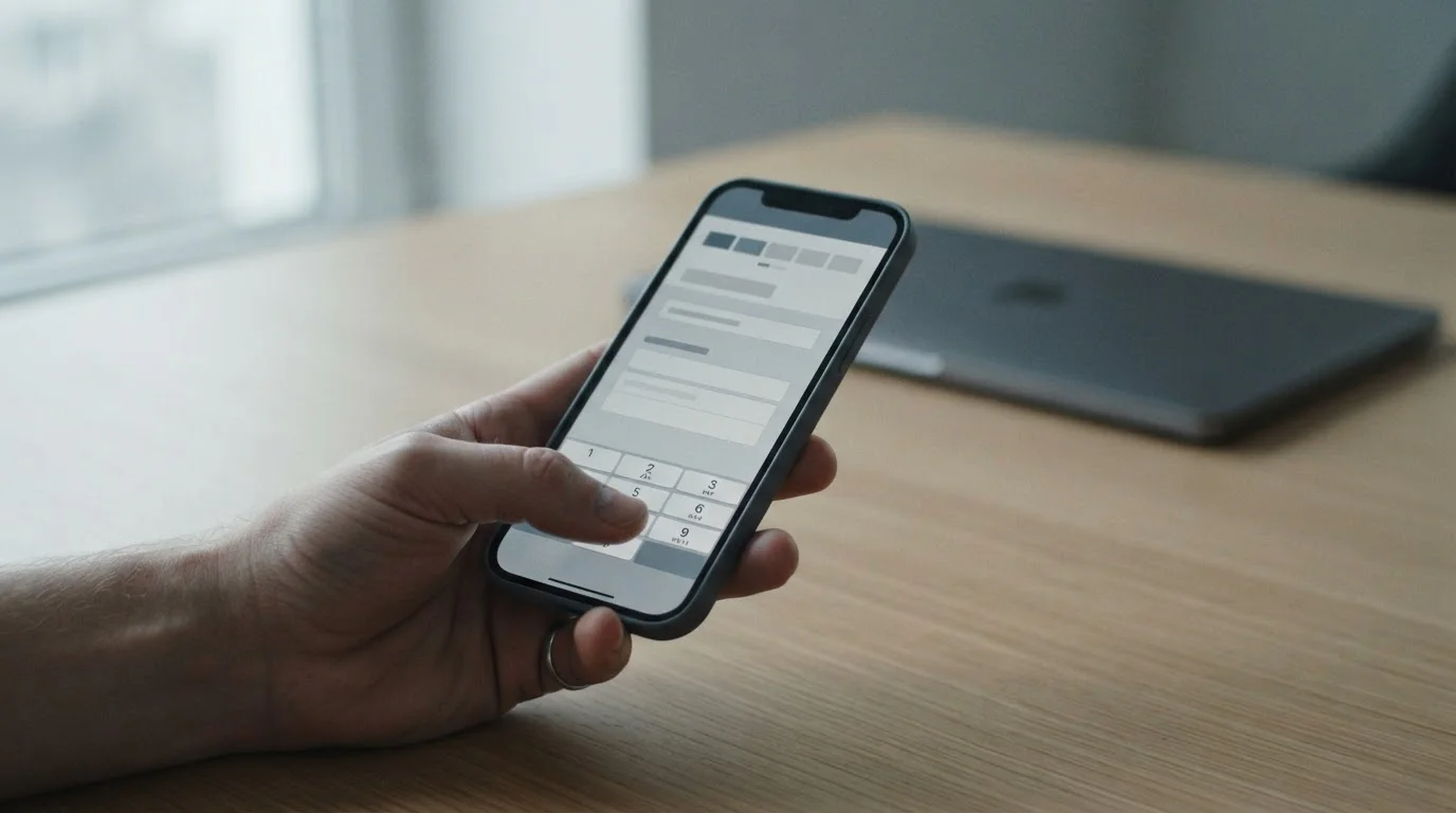 Smartphone mit abstrakter Zahlungsoberfläche auf einem nüchternen Schreibtisch