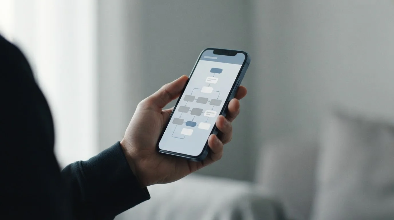 Smartphone mit abstrakten Blockchain-Transaktionsschritten auf dem Display