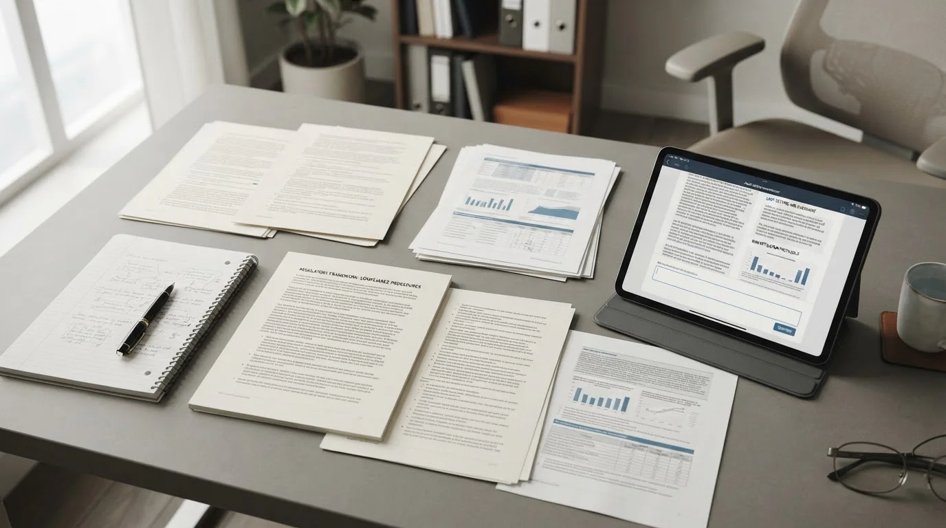 Schreibtisch mit amtlich wirkenden Unterlagen und einem Tablet mit neutralen Textblöcken