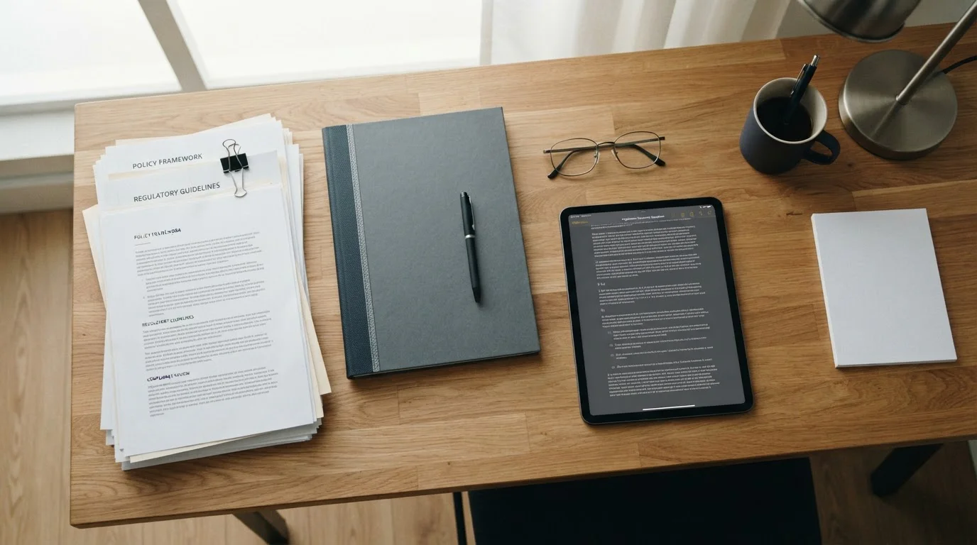 Dokumente und Tablet mit regulatorischen Unterlagen auf einem Schreibtisch