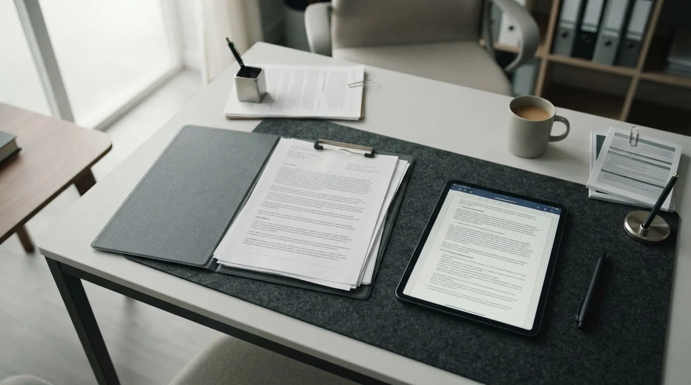 Dokumente und Tablet mit regulatorischen Informationen auf einem Schreibtisch
