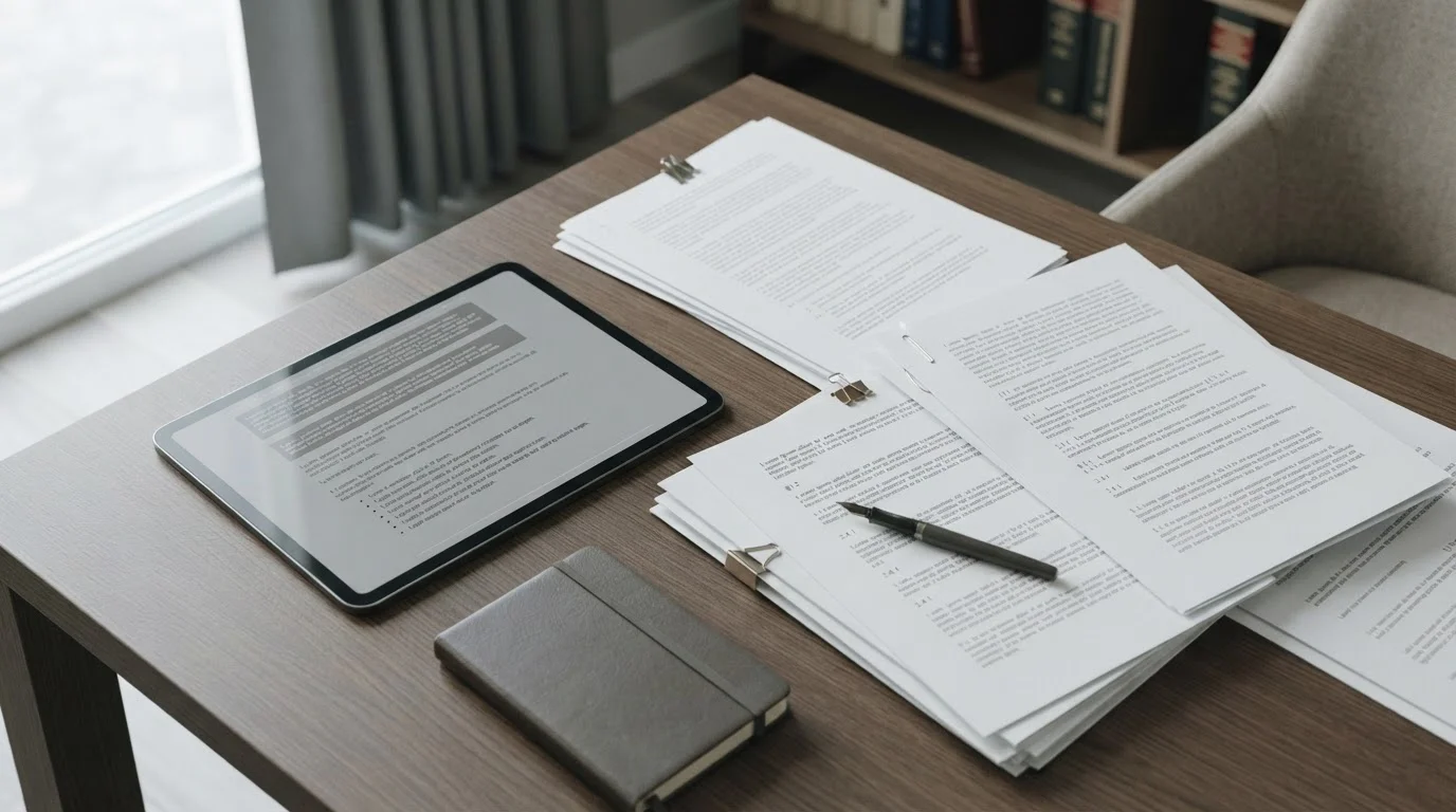 Dokumente und Tablet mit regulatorischen Informationen auf einem Schreibtisch