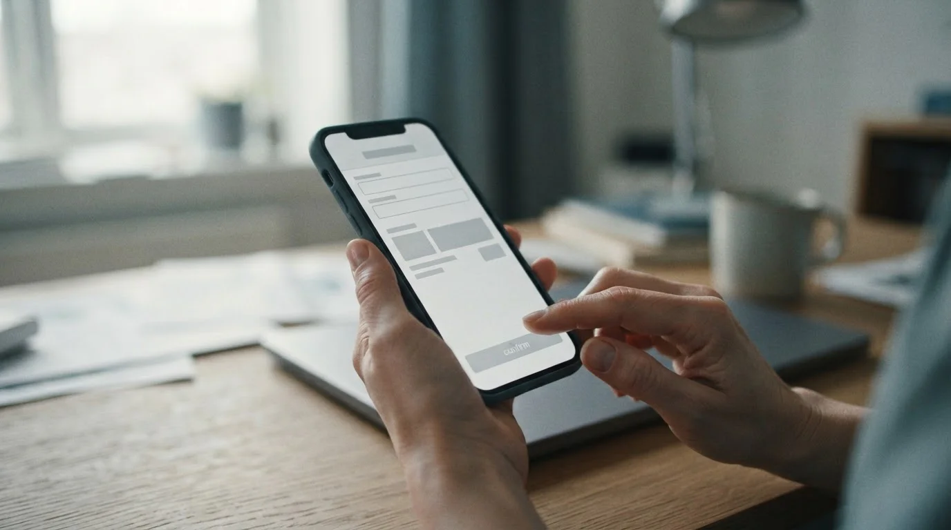 Hände am Smartphone während eines digitalen Zahlungsvorgangs am Schreibtisch