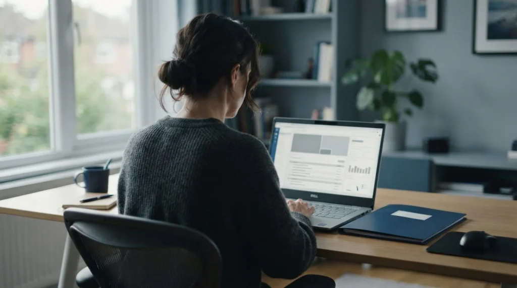 Person überprüft Online-Buchmacher auf Laptop mit Dokumenten zur deutschen Glücksspielregulierung