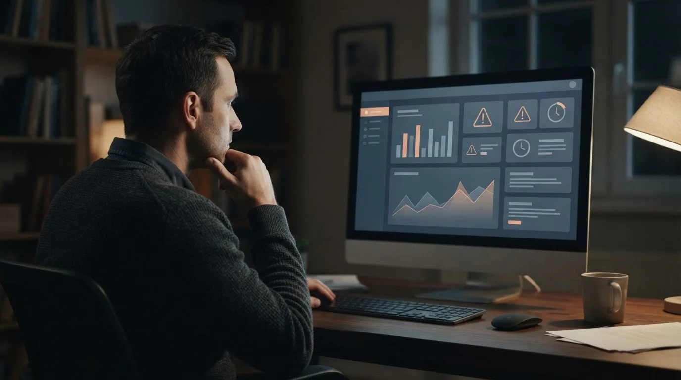 Person liest Informationen zu Risiken und Kosten auf einem Computerbildschirm
