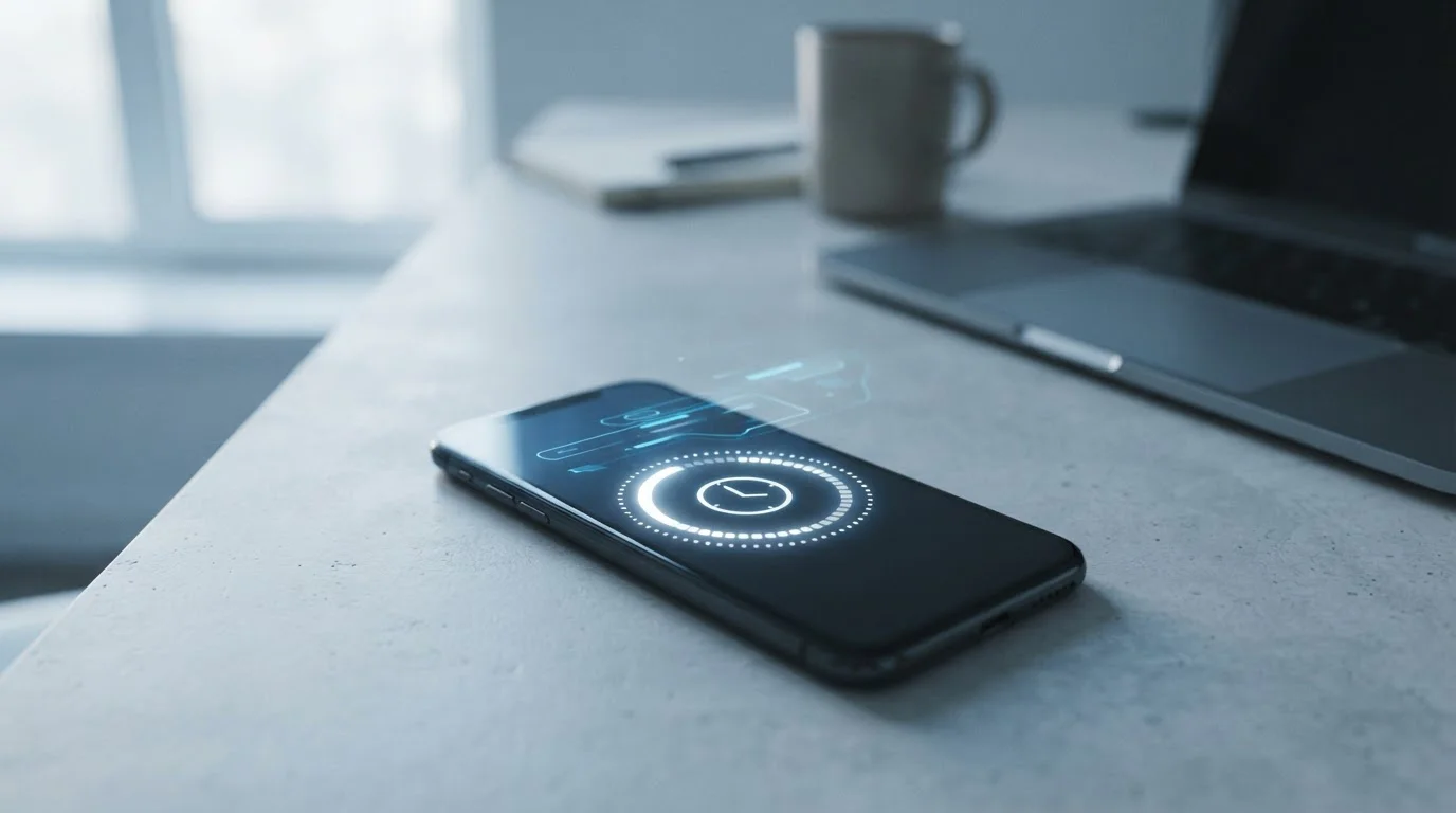 Smartphone mit abstraktem Zahlungsvorgang und Zeitanzeige