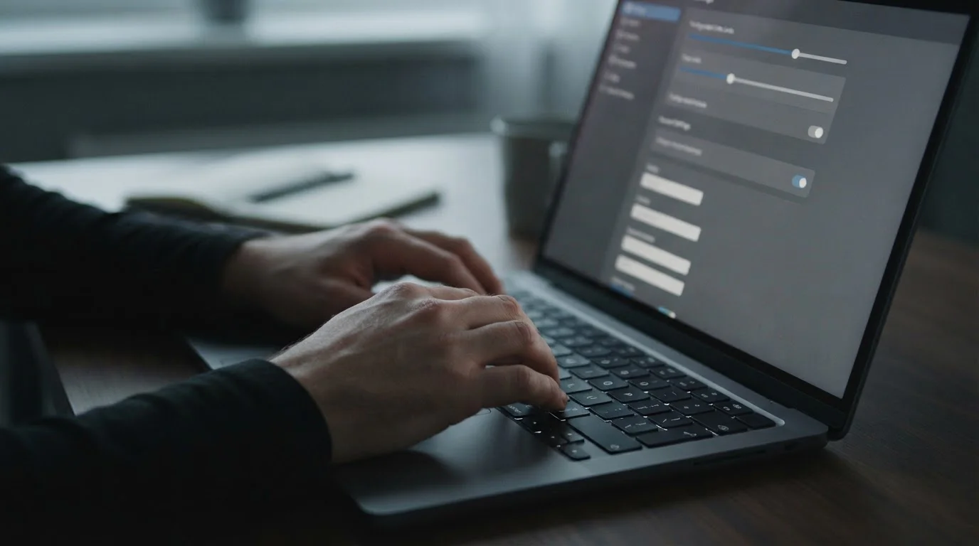 Hände an Laptop-Tastatur mit Limit-Einstellungen auf grauem Bildschirm