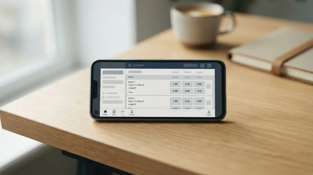 Smartphone mit Sportwetten-App auf einem Tisch neben Kaffeetasse in natürlichem Licht