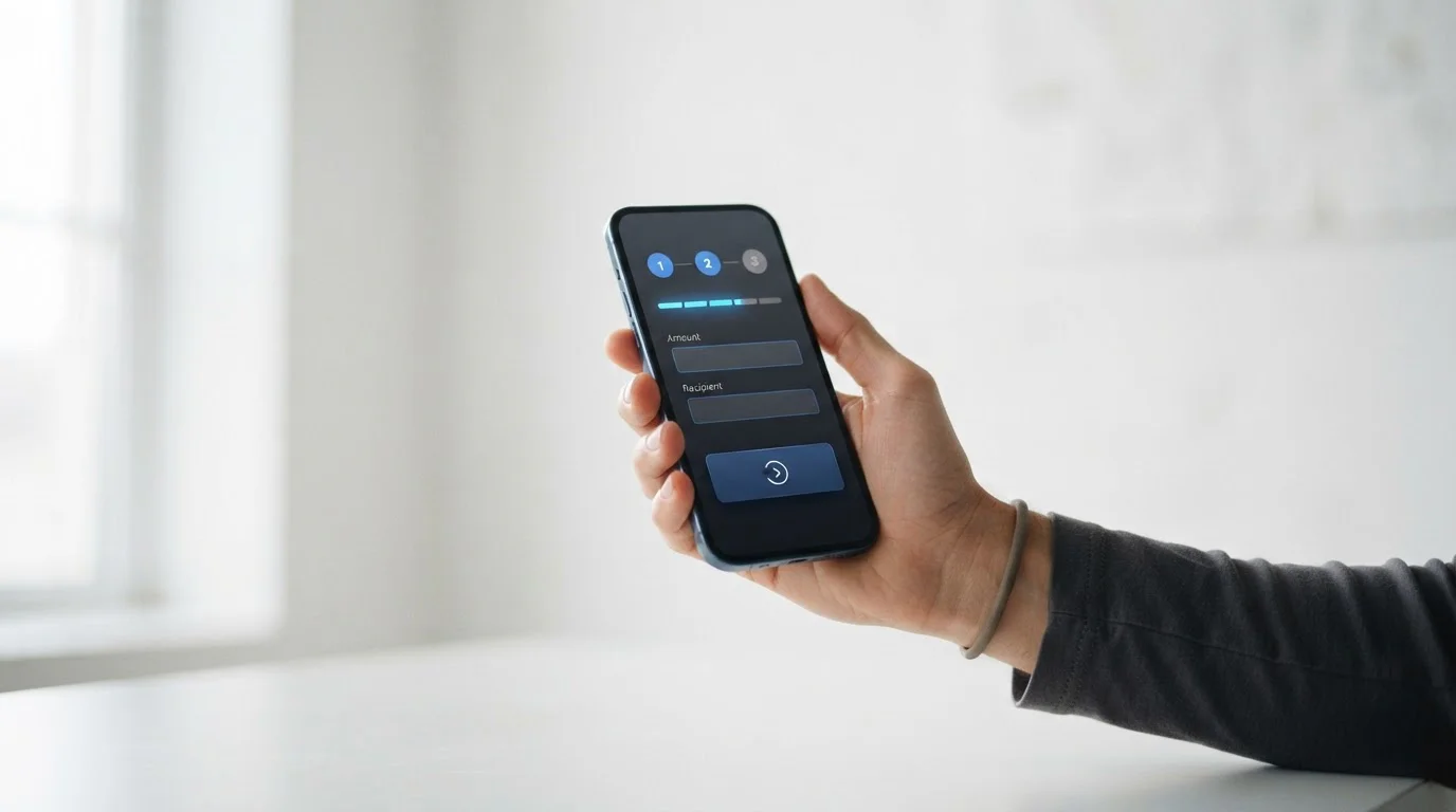 Smartphone mit abstraktem Zahlungsvorgang auf neutralem Hintergrund