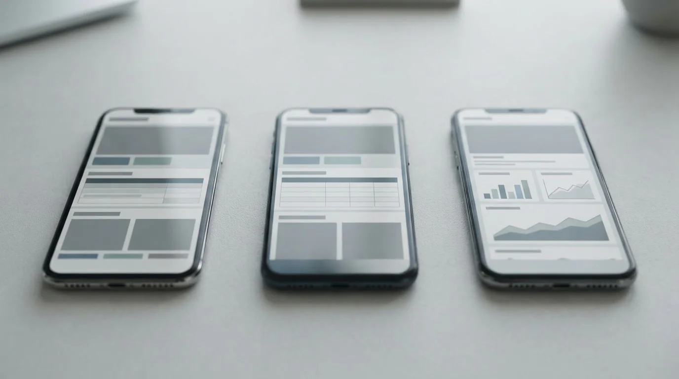 Drei Smartphones nebeneinander mit abstrakten App-Oberflächen zum Vergleich