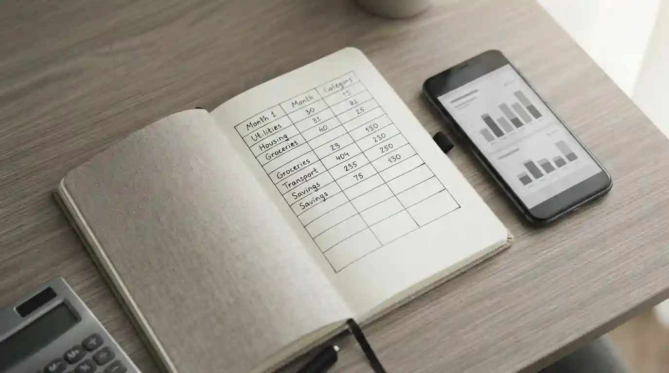 Notizbuch mit Budgetplanung und Smartphone zur Veranschaulichung verantwortungsvollen Wettens