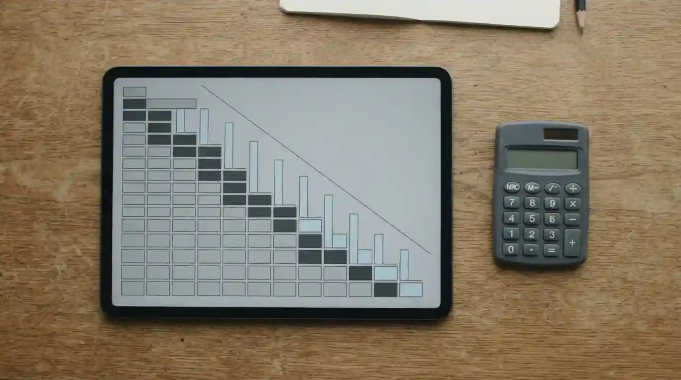 Tablet mit einer abstrakten Berechnungsoberfläche auf einem nüchternen Tisch