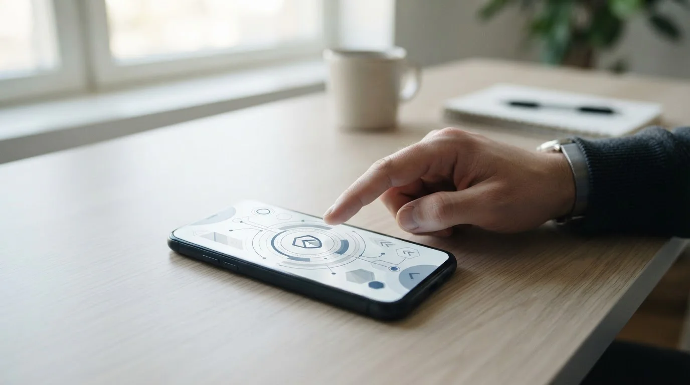 Smartphone mit abstrakter Zahlungsschnittstelle auf Tisch