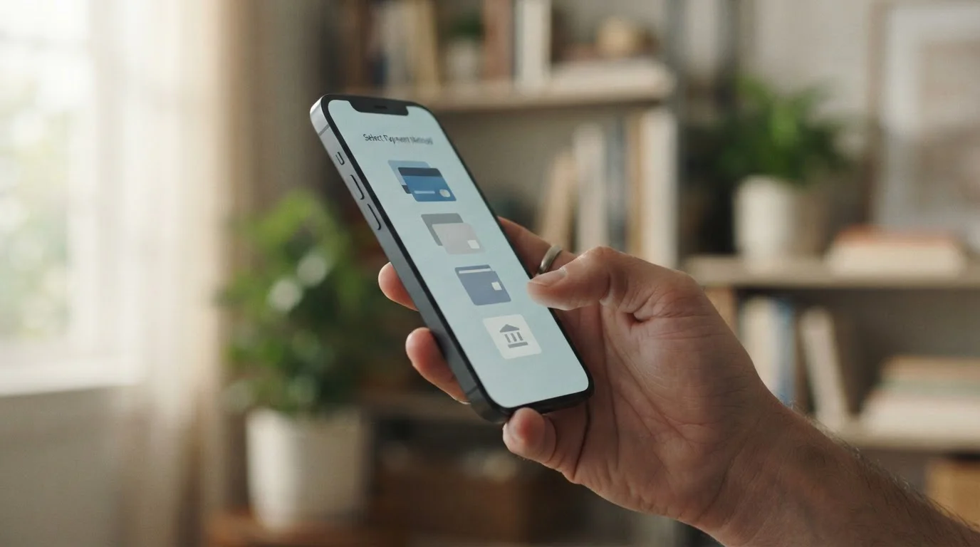 Auswahl verschiedener digitaler Zahlungsoptionen auf mobilem Bildschirm