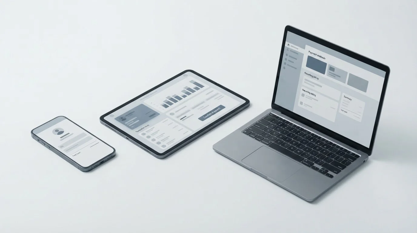 Verschiedene Zahlungsgeräte nebeneinander — Smartphone, Tablet und Laptop in neutraler Anordnung
